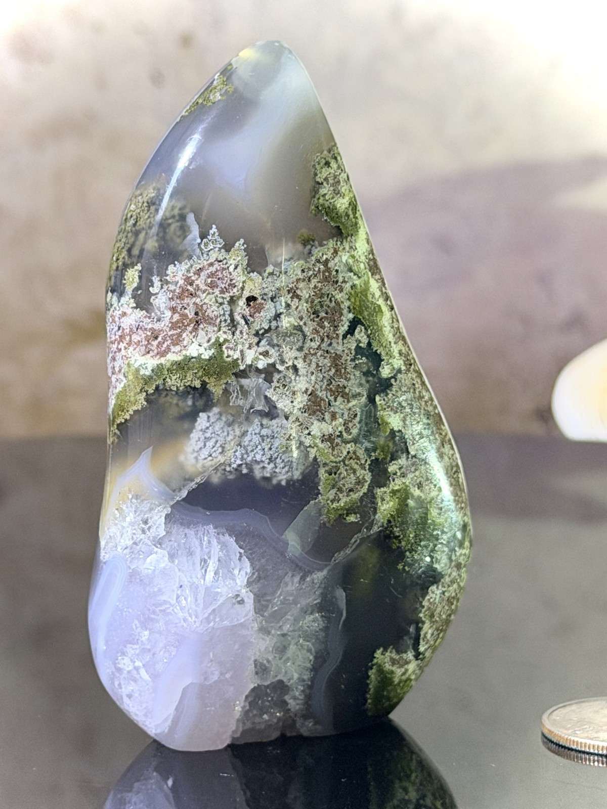 Moss Agate Freeform with Druzy Quartz Pocket — Green & Pink Moss in Clear Cha...