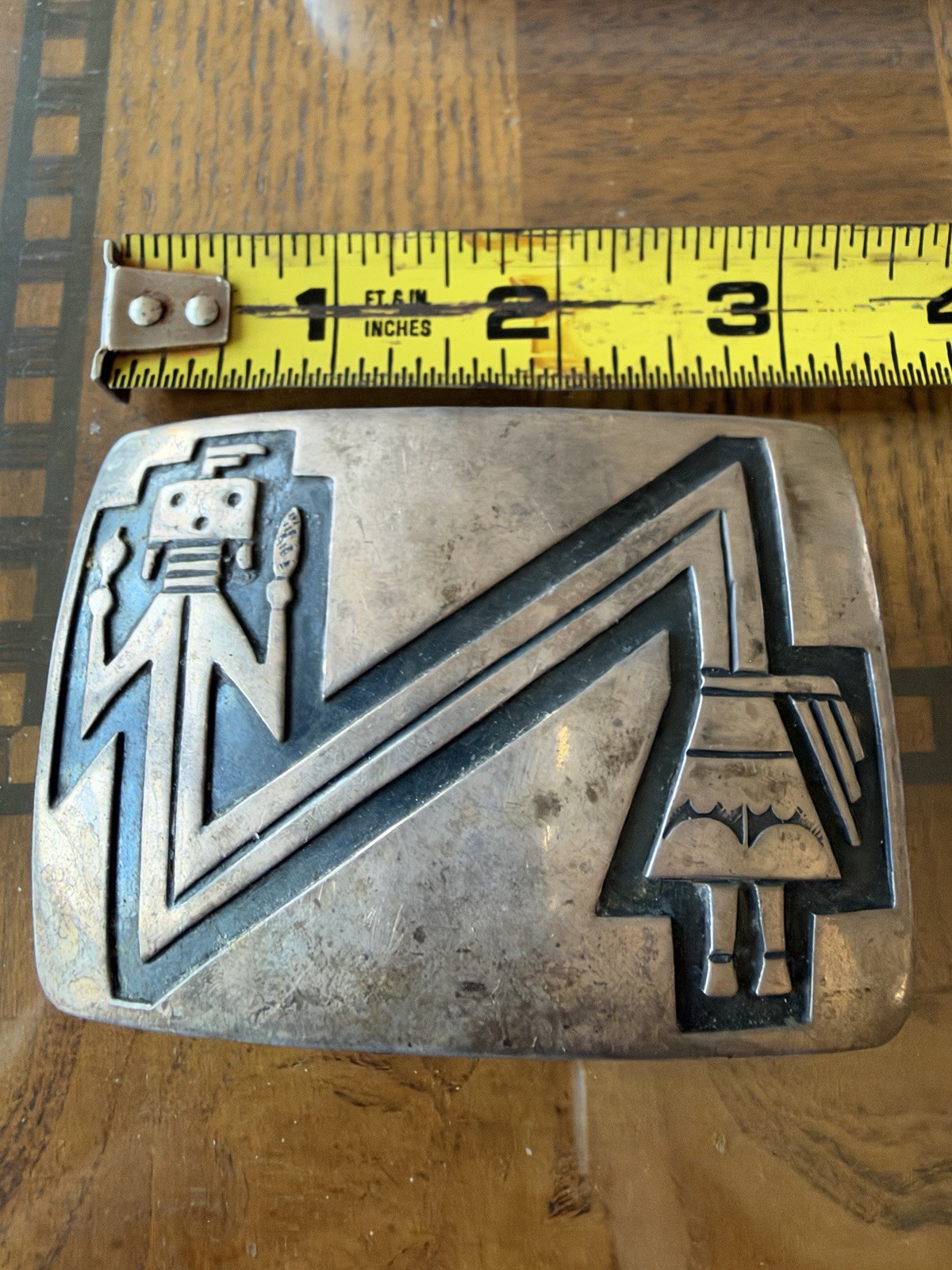 Vintage Hopi Style Sterling Silver Overlay Belt Buckle Katsina Figures 83g. Vintage Hopi Style Sterling Silver Overlay Belt Buckle Katsina Figures 83g.