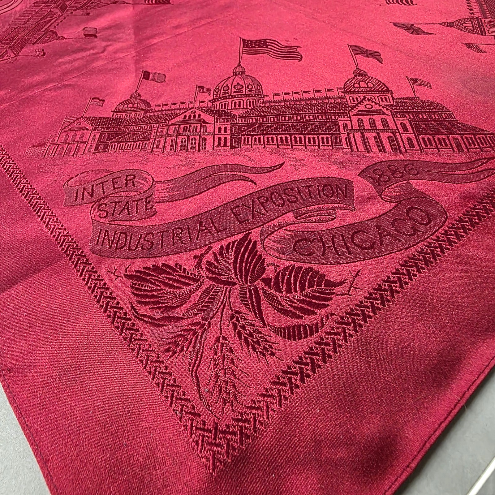Antique 1886 Chicago Inter-State Industrial Exposition Woven Silk Souvenir Scarf Antique 1886 Chicago Inter-State Industrial Exposition Woven Silk Souvenir Scarf