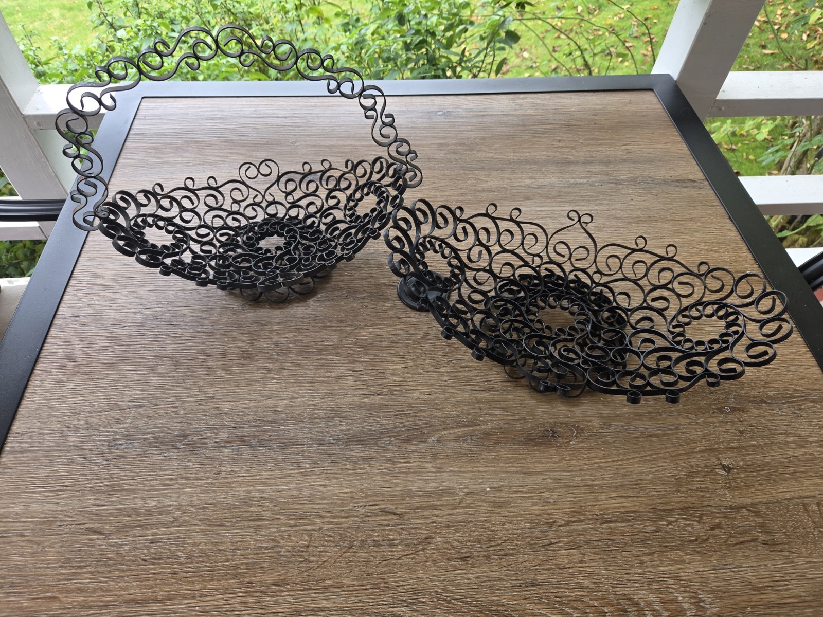 Pair Vintage Wrought Iron Scrollwork Baskets Black Metal Handled Centerpiece