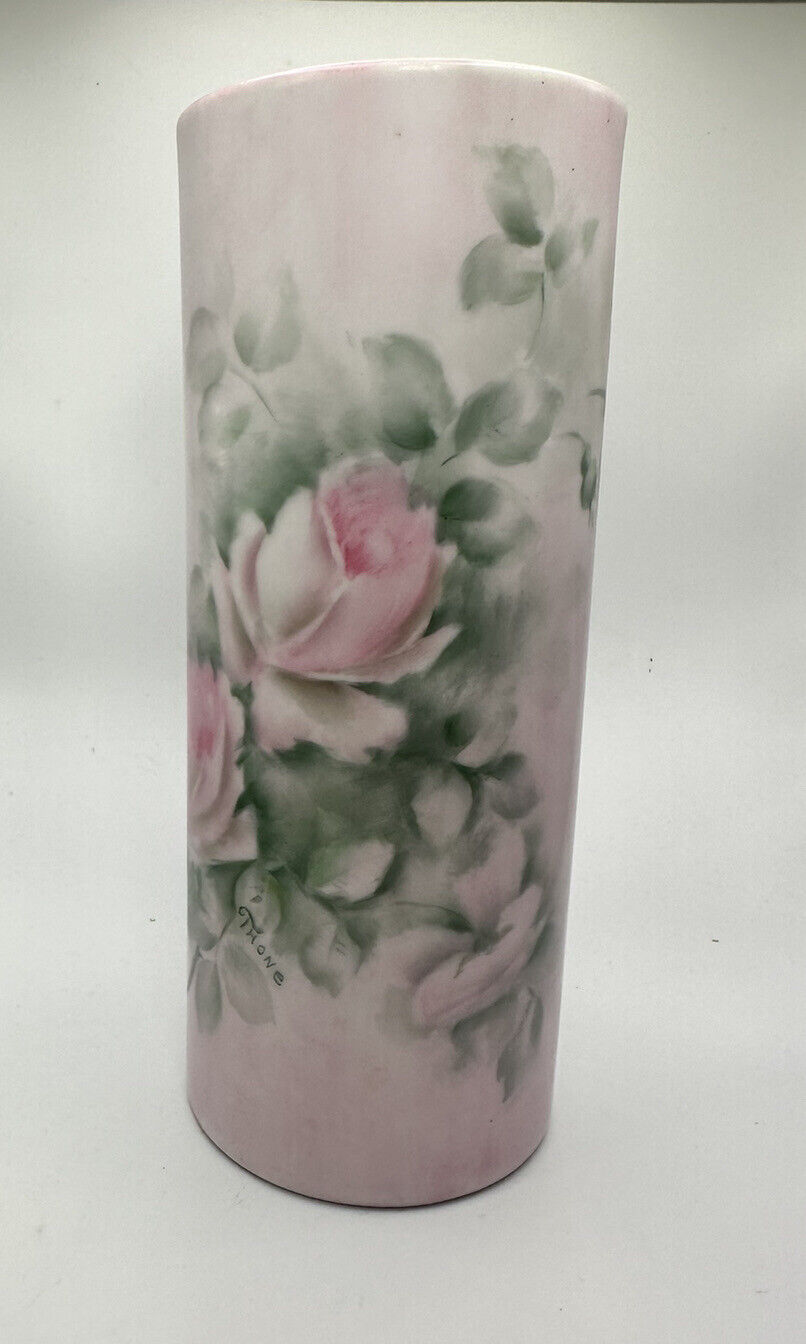 Vintage Hand Painted Pink Rose Vase Signed Adele Thone