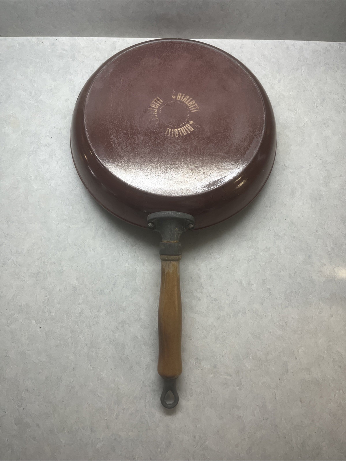 Vintage Bialetti Red Enameled Cast Iron 11” Skillet With Wooden Handle Italy  