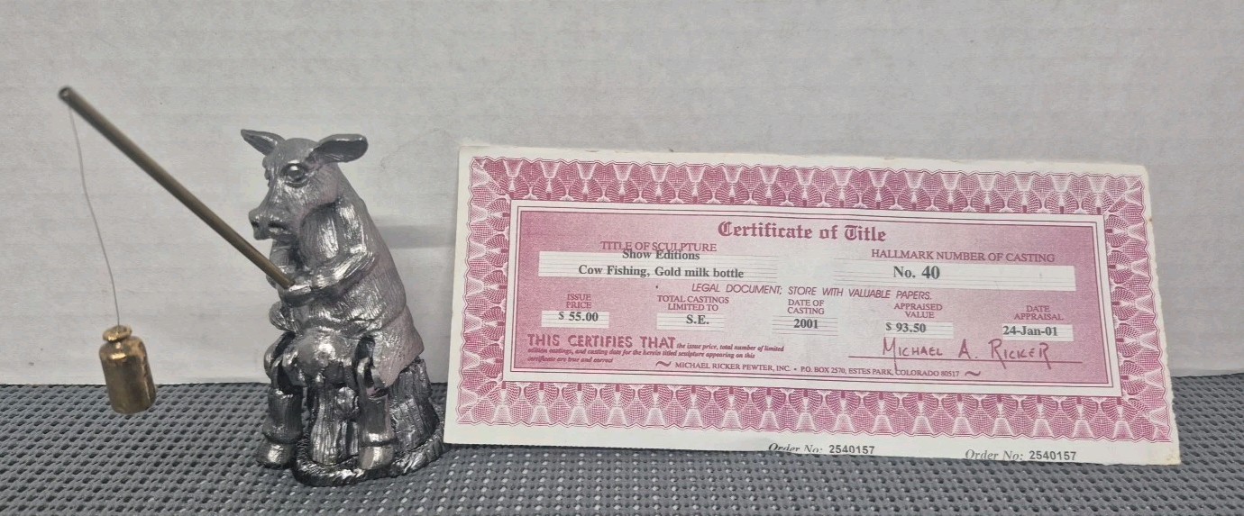 Vintage 2001 Michael Ricker Pewter Cow Fishing Ltd Ed #40 W/ COA 4" - Moveable Vintage 2001 Michael Ricker Pewter Cow Fishing Ltd Ed #40 W/ COA 4" - Moveable