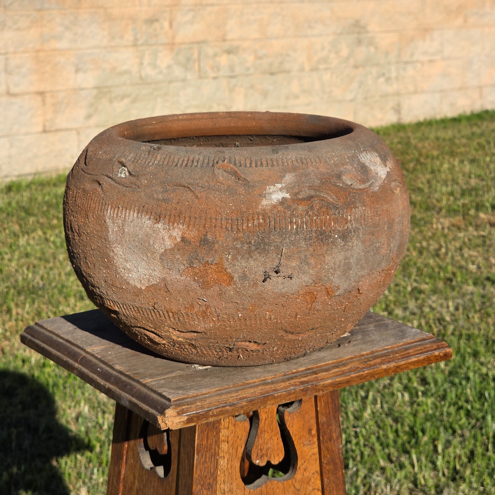 Vtg Mexican Style Terracotta Bowl Planter 11" Clay Wave Totem Garden Pot Heavy Vtg Mexican Style Terracotta Bowl Planter 11" Clay Wave Totem Garden Pot Heavy