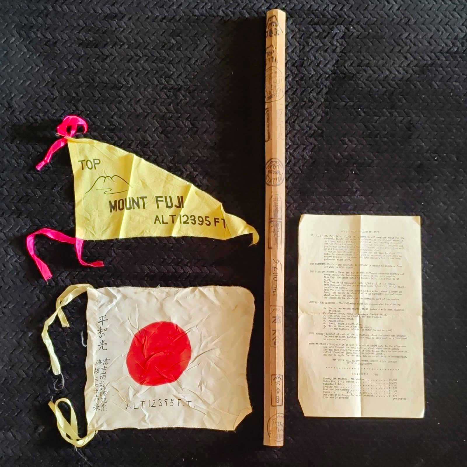 Vtg 1954 Mount Fuji Climbing Stick Lot Kongozue Branded Staff Summit Flags Guide