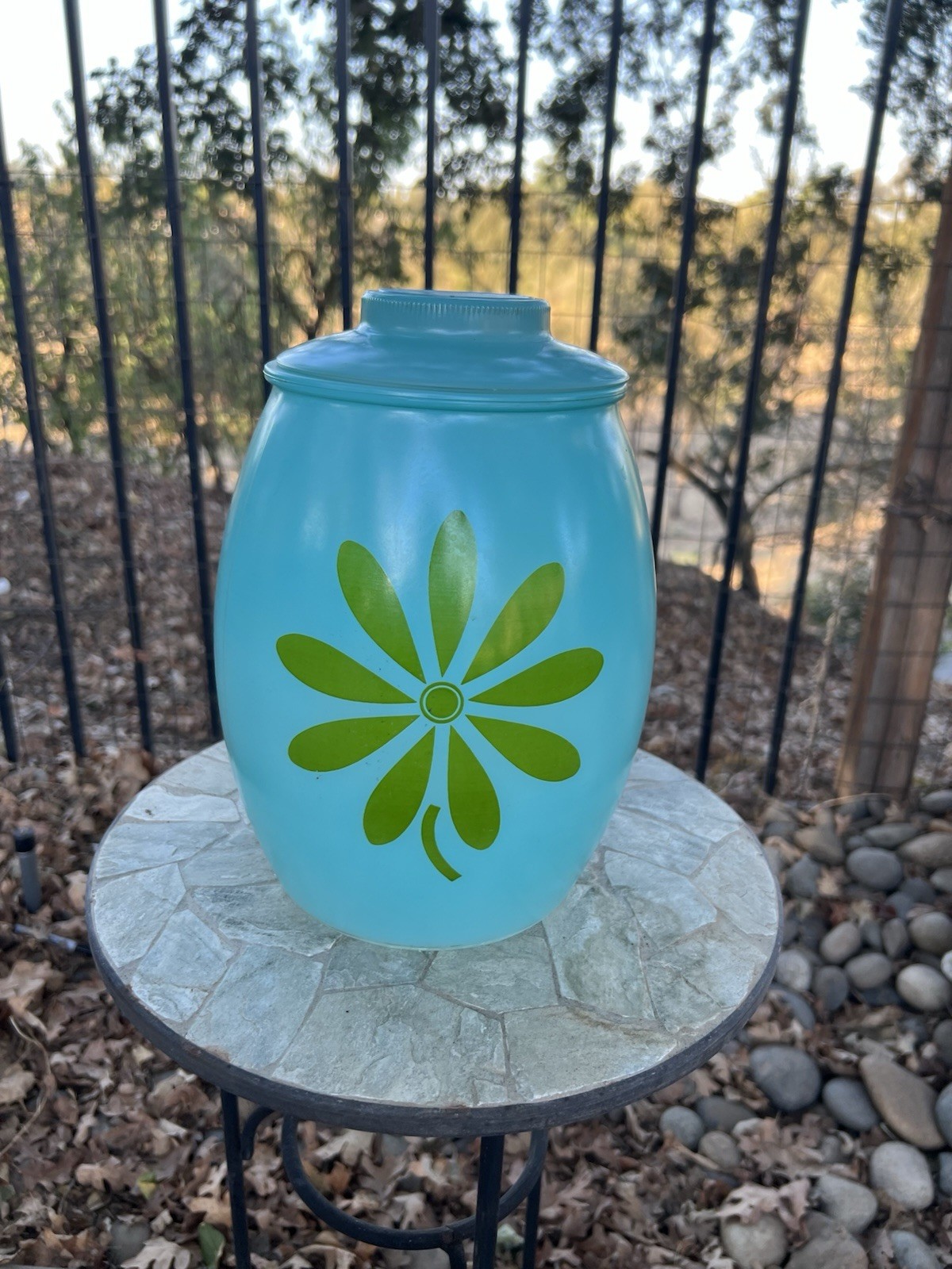 Vintage MCM Bartlett Collins Turquoise w/Green Daisy Cookie Jar 9.5”x 6.5 Vintage MCM Bartlett Collins Turquoise w/Green Daisy Cookie Jar 9.5”x 6.5