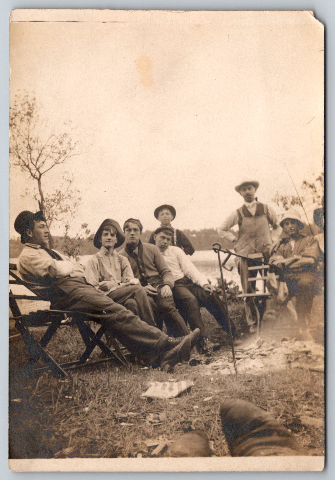 RPPC c1910s Men's Camping Group Lakeside Campfire Laid Back Postcard