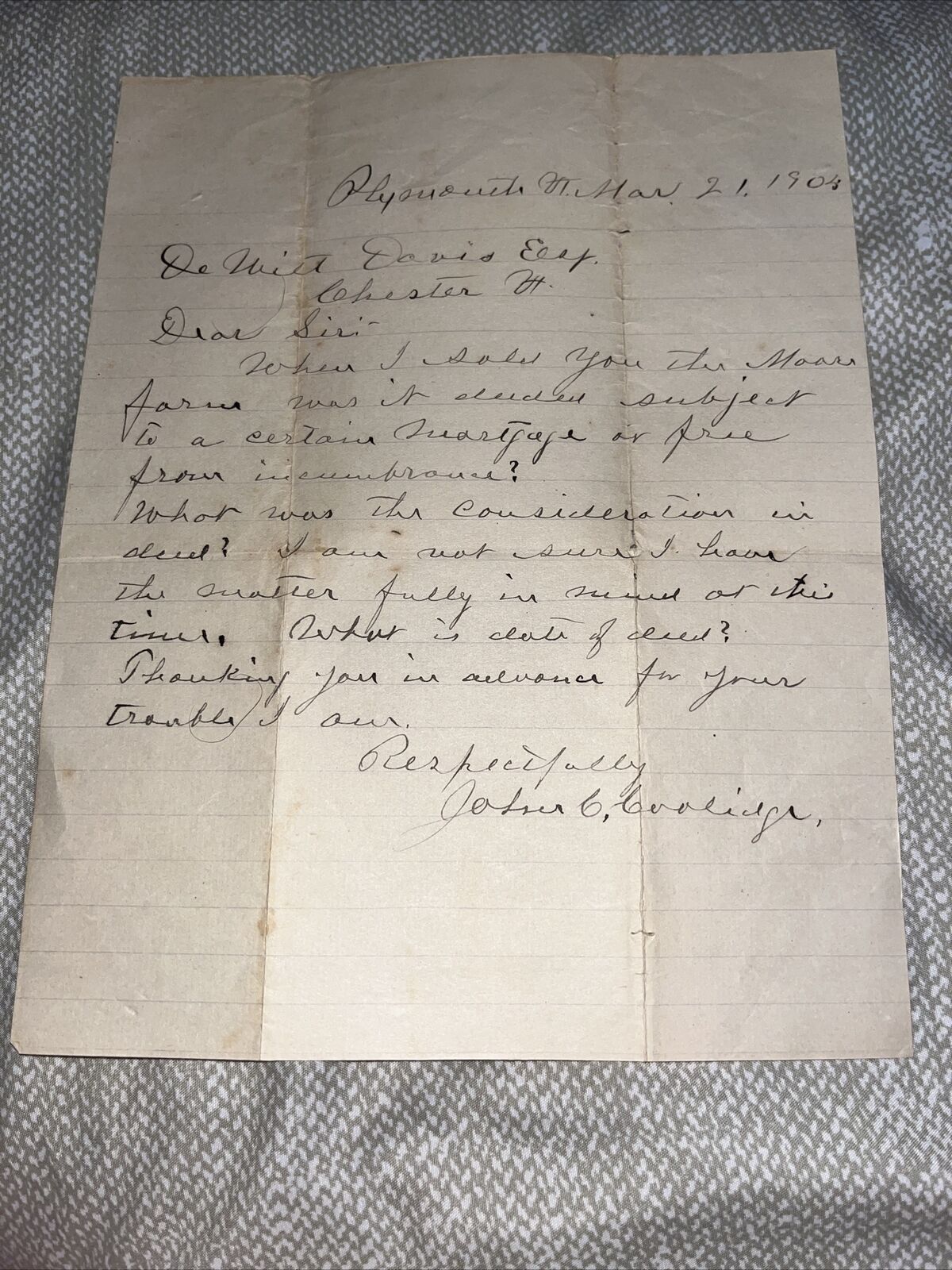 1904 Signed Vermont Letter from Father of President Calvin Coolidge on Moor Farm