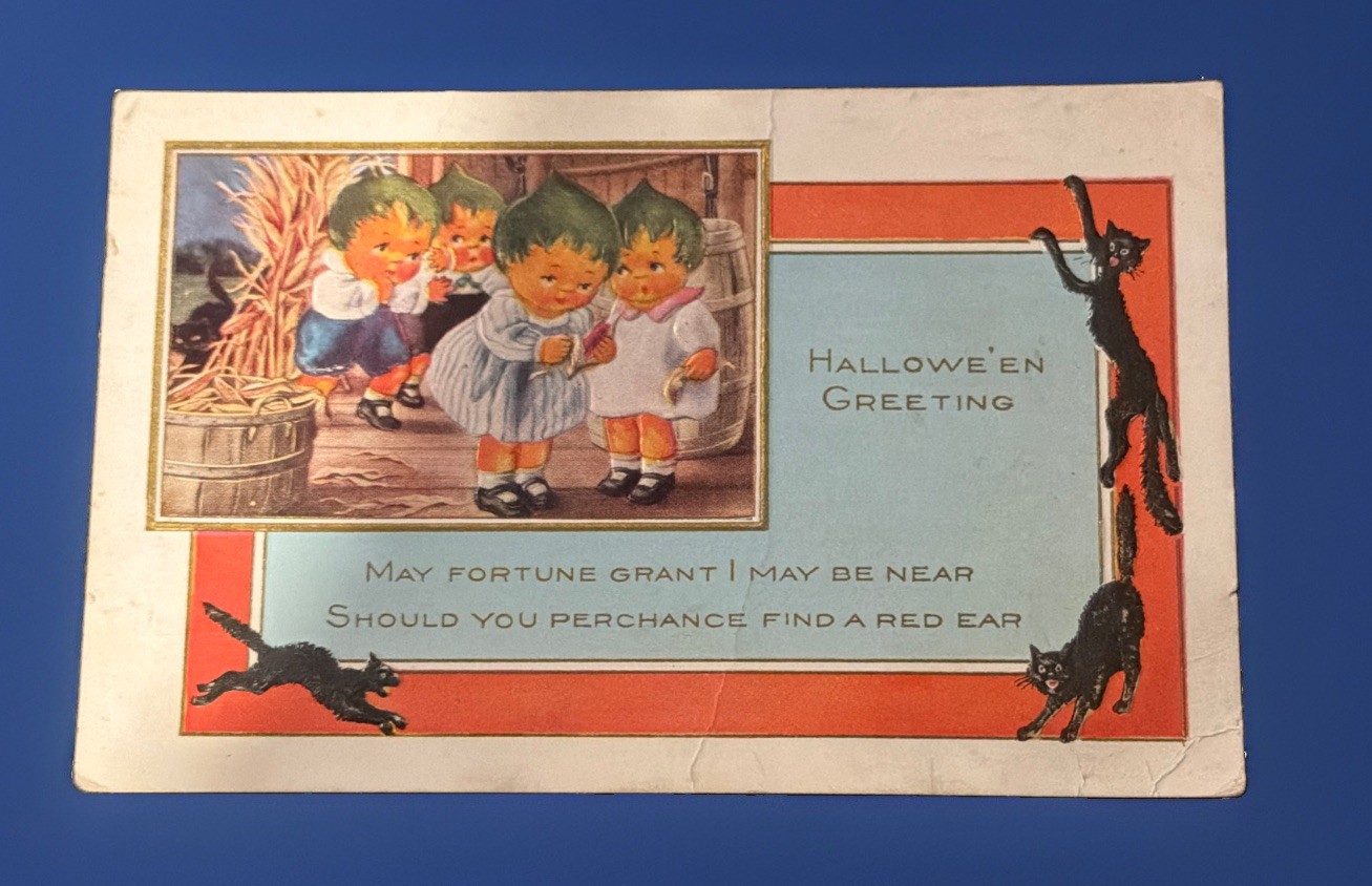 Antique Halloween Postcard Pumpkin Head Children Black Cats Corn Husking Posted Antique Halloween Postcard Pumpkin Head Children Black Cats Corn Husking Posted