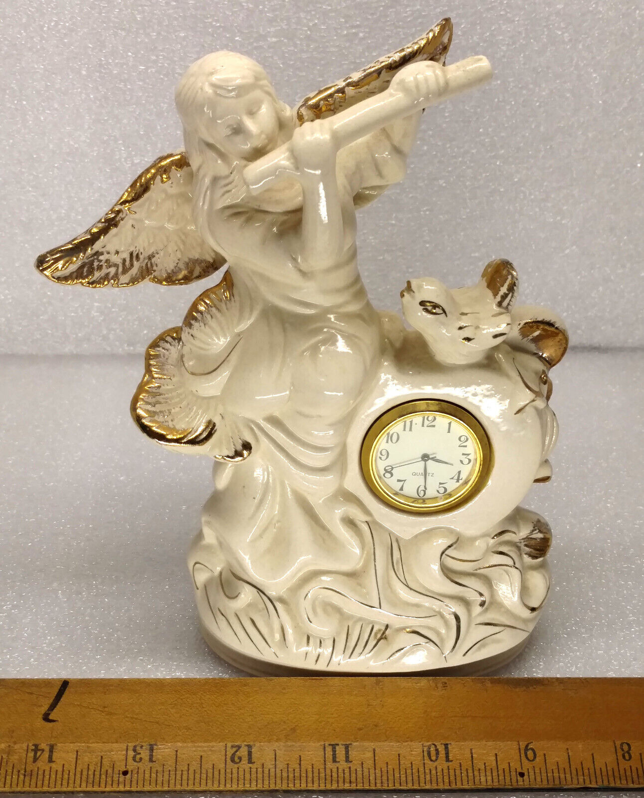 Vintage White  Porcelain Angel Playing a Flute Desk Clock