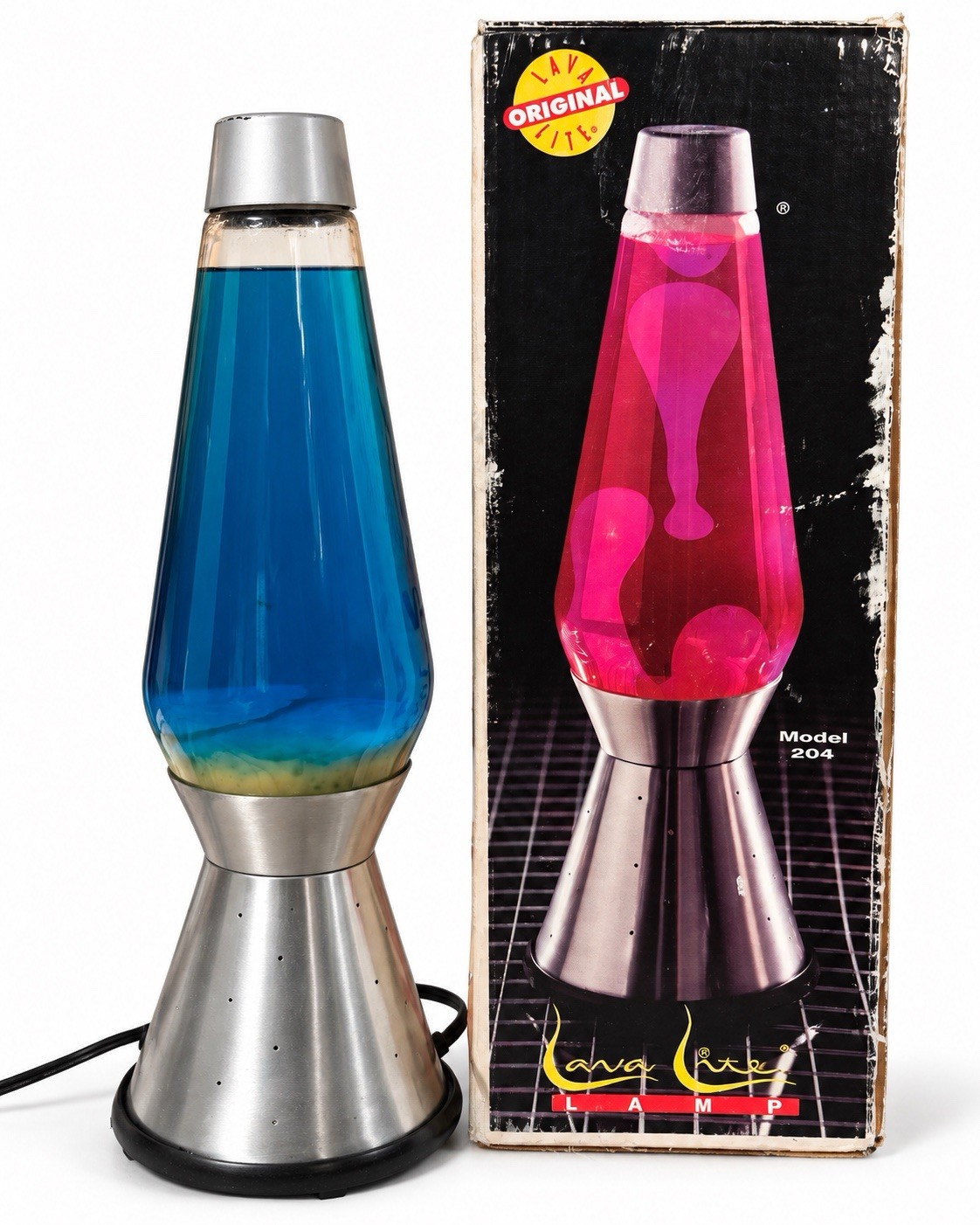 VINTAGE 1990s ORIGINAL LAVA LITE SILVER CENTURY LAVA LAMP – YELLO & BLUE - W/BOX VINTAGE 1990s ORIGINAL LAVA LITE SILVER CENTURY LAVA LAMP – YELLO & BLUE - W/BOX