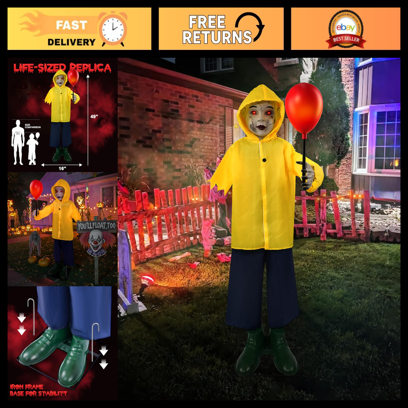 4 Ft Life Size Halloween Animatronic Prop with Sound & Touch - Spooky Decor
