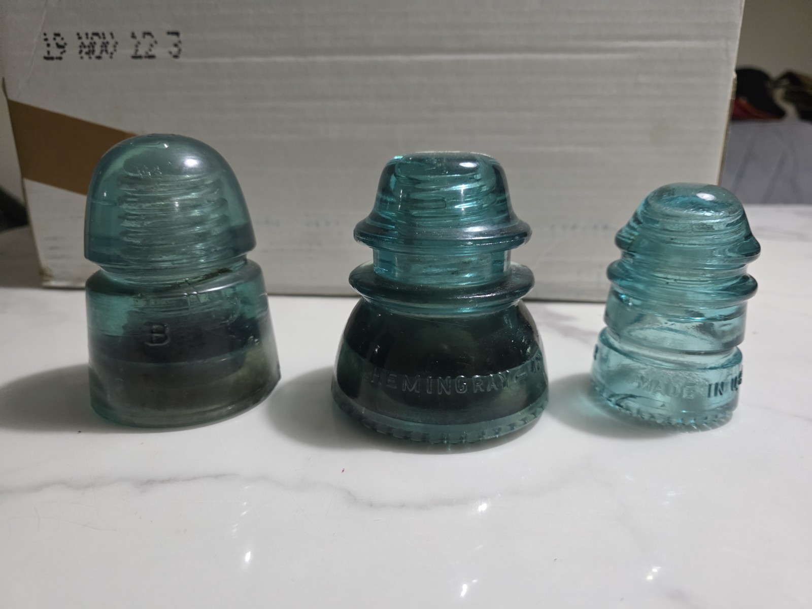 vintage blue glass telephone pole insulators lot of 3 various sizes