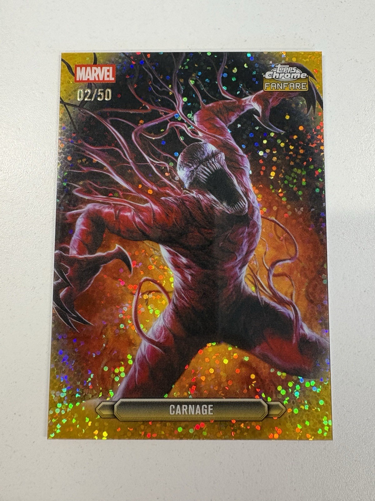 2026 Topps Chrome Marvel Carnage Fanfare Gold Speckle /50 FF-08 2026 Topps Chrome Marvel Carnage Fanfare Gold Speckle /50 FF-08