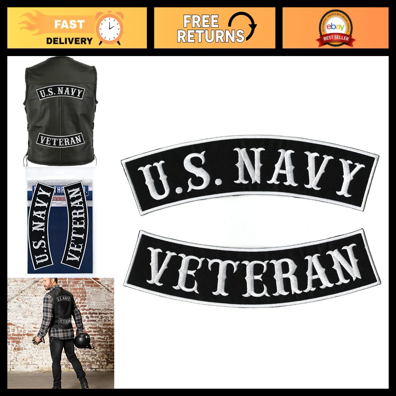 Military Veteran Rocker Set 12" | Embroidered Iron-On Biker Patch | Motorcycle J Military Veteran Rocker Set 12" | Embroidered Iron-On Biker Patch | Motorcycle J