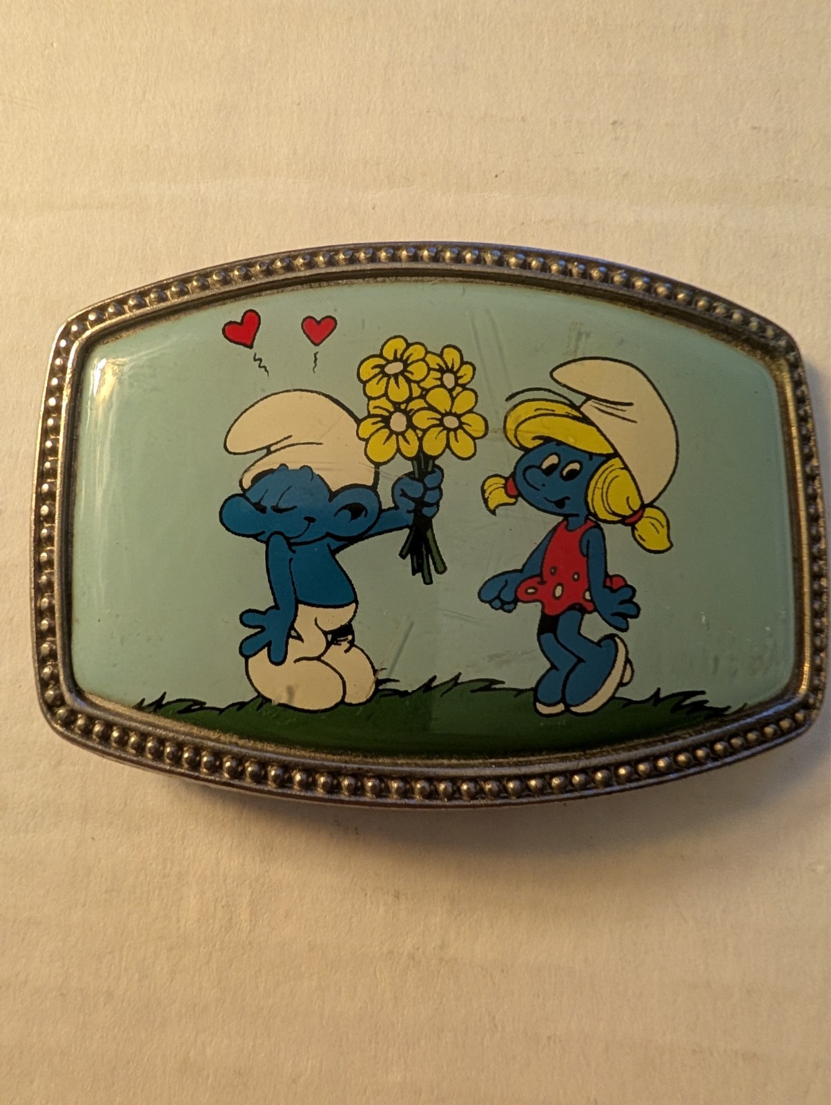 Vintage 1980s Smurfs Smurfette Metal Belt Buckle Peyo Flower Hearts Cartoon VTG Vintage 1980s Smurfs Smurfette Metal Belt Buckle Peyo Flower Hearts Cartoon VTG