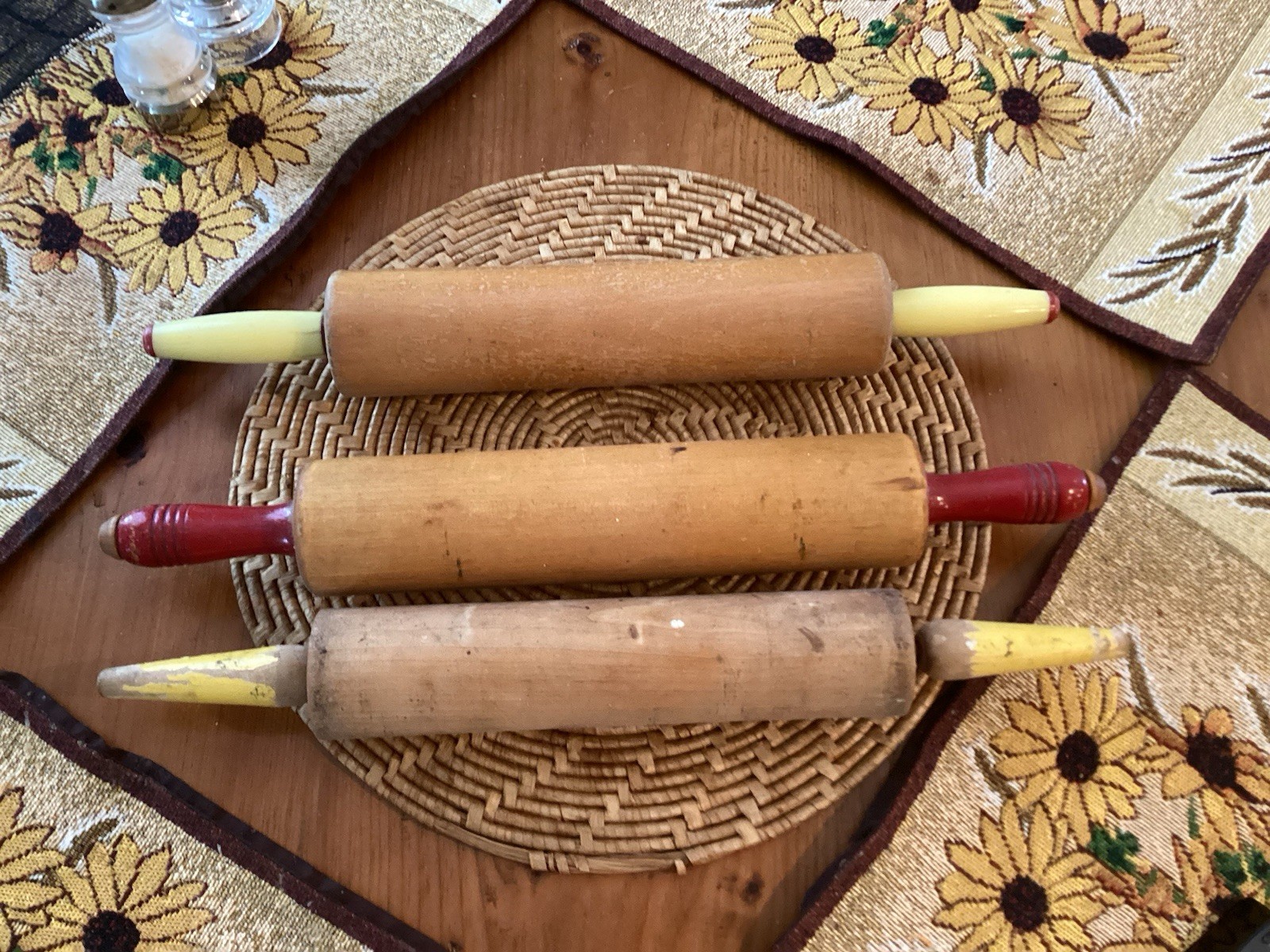 Lot of 3 Antique Wooden Rolling Pins Painted Handles Primitive Farmhouse Kitchen
