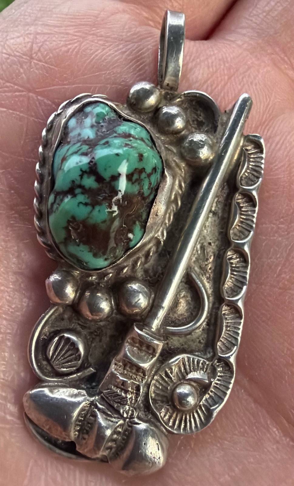 Vintage Art Lewis Choctaw Coin Silver Turquoise Tomahawk Motif Necklace Pendant Vintage Art Lewis Choctaw Coin Silver Turquoise Tomahawk Motif Necklace Pendant