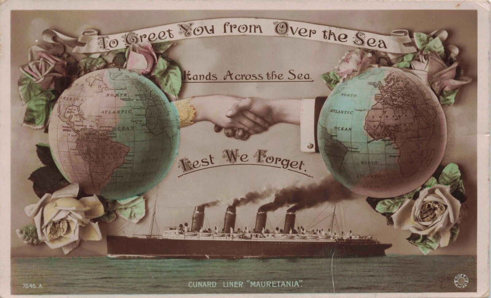 Cunard Mauretania Hands Across the Sea #7545-A Rotary Photo Series Postcard