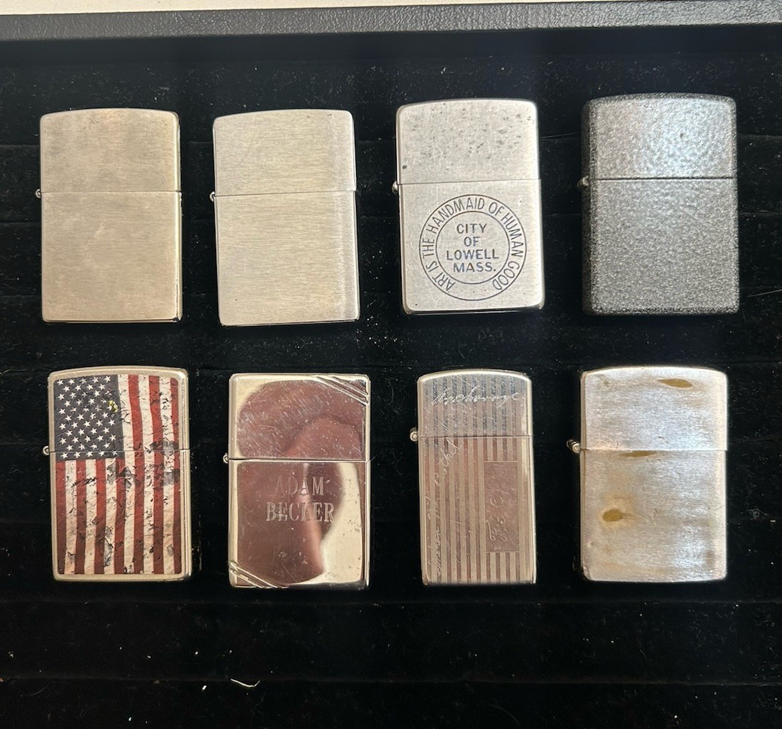 Lot of 8 Vintage-Modern Zippo Cigarette lighters Chrome Slim Crackle Estate lot