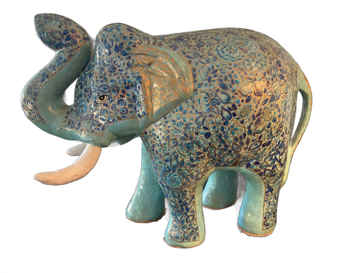 Large Kashmiri Papier Mache Elephant Figurine Hand Painted Turquoise Gold