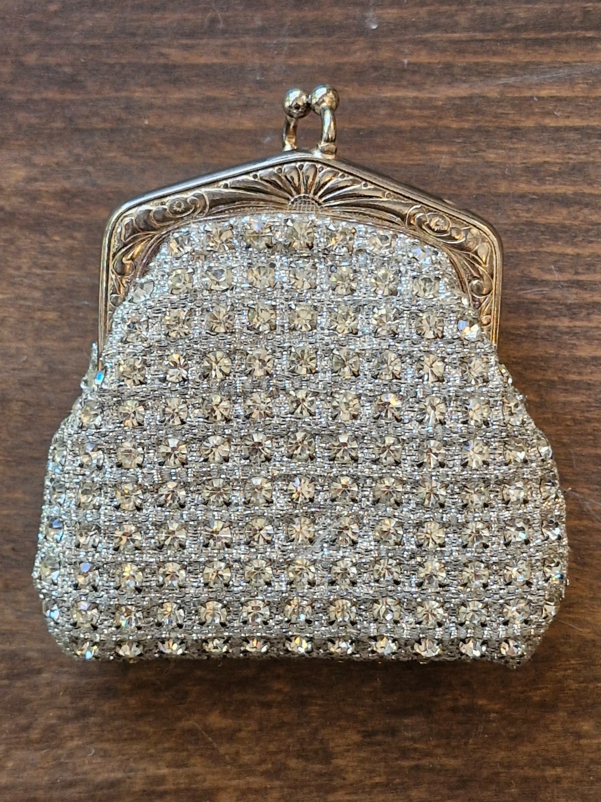 Vintage Mid Century Rhinestone Crystal Coin Purse Silver Frame Evening Pouch