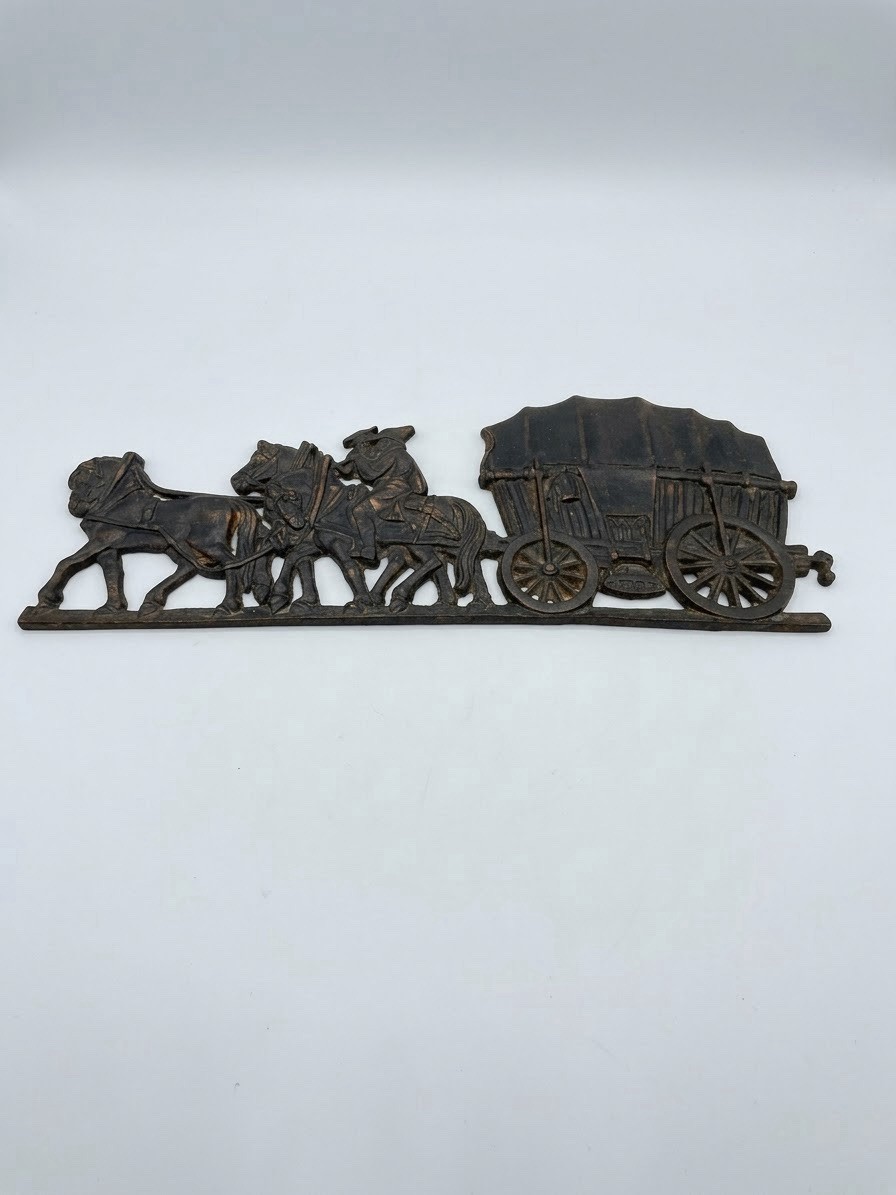 Vintage Cast Iron Covered Wagon Stagecoach Horse Team Wall Plaque Western Decor Vintage Cast Iron Covered Wagon Stagecoach Horse Team Wall Plaque Western Decor