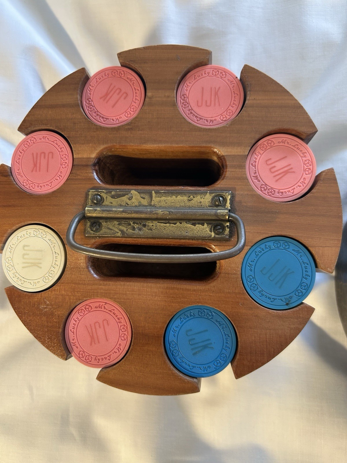 Vintage Antique Set Of Mr. Lucky Poker Chips With Leather Top