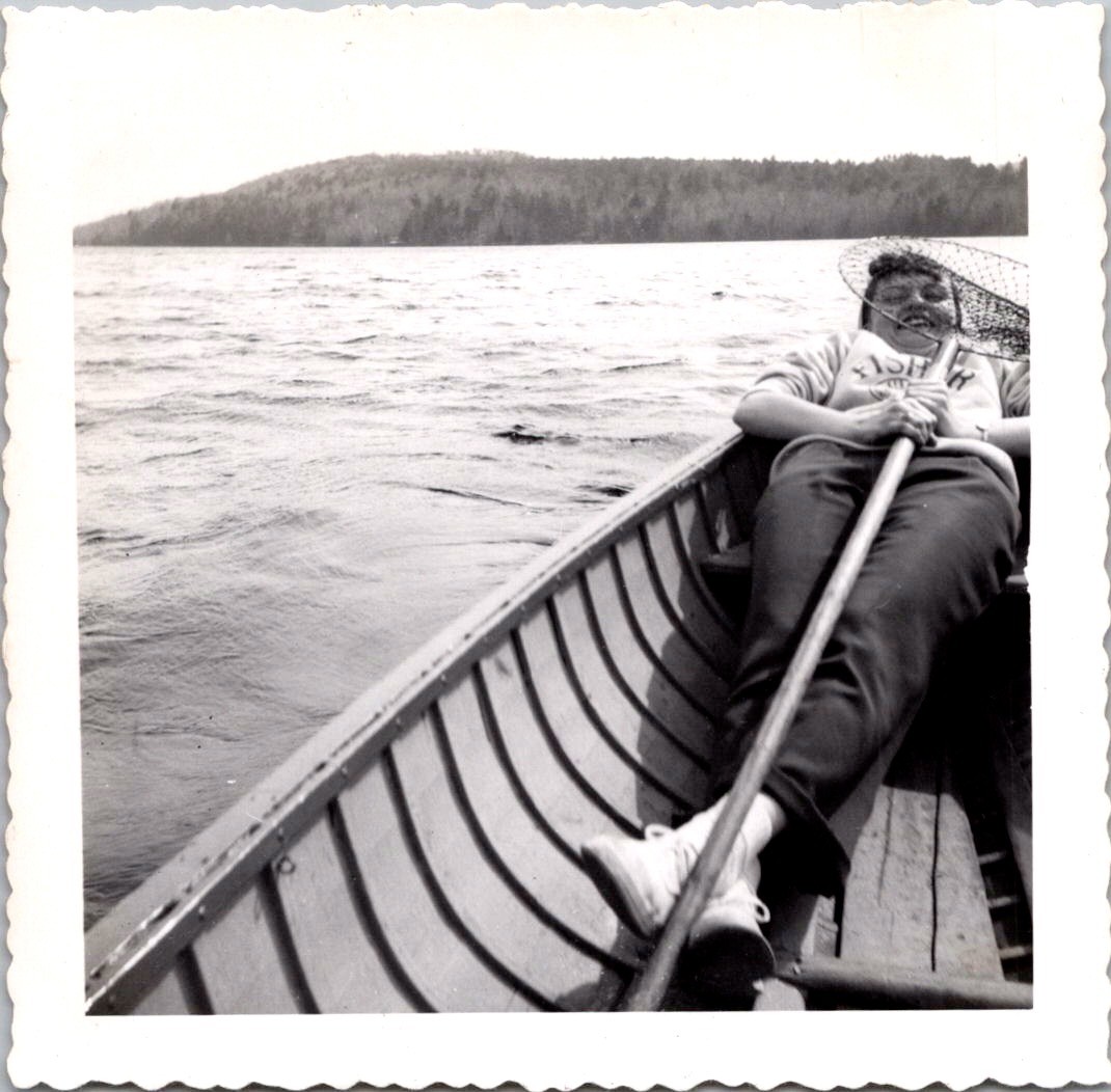 Vintage 1954 Snapshot Photo Woman in Canoe Fishing Lake Black White Wavy Edge Vintage 1954 Snapshot Photo Woman in Canoe Fishing Lake Black White Wavy Edge