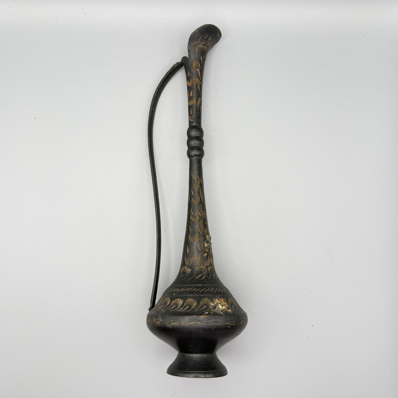 Vintage Indian Brass Ewer Aftaba Black Gold Engraved Etched 10" Pitcher
