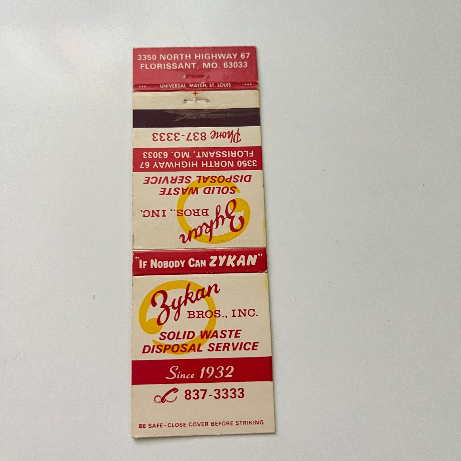 Zykan Bros Inc Since 1932 Florissant MO Vintage Matchbook Cover TMB82-3