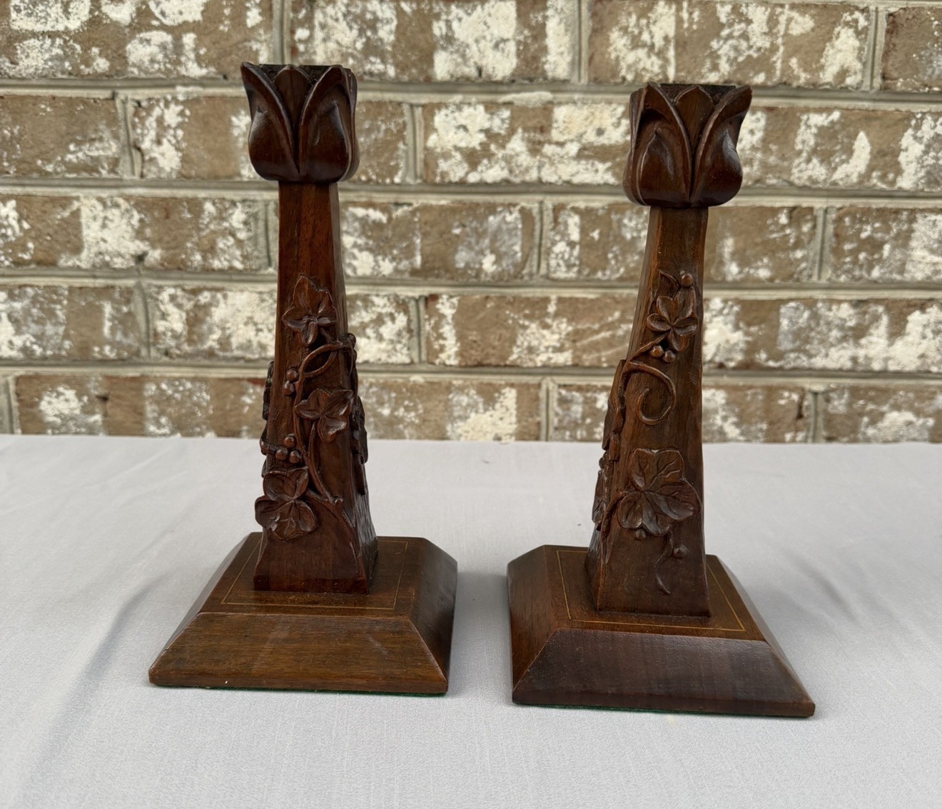 Rare Antique C.S. Paine Grand Rapids Carved Wood Candlesticks Arts & Crafts Pair Rare Antique C.S. Paine Grand Rapids Carved Wood Candlesticks Arts & Crafts Pair