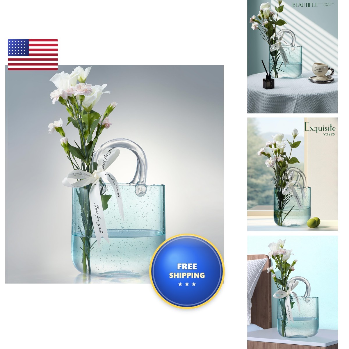 Lei-JG Thickened Glass Purse Vase for Flowers Gift Set Light Blue Lei-JG Thickened Glass Purse Vase for Flowers Gift Set Light Blue