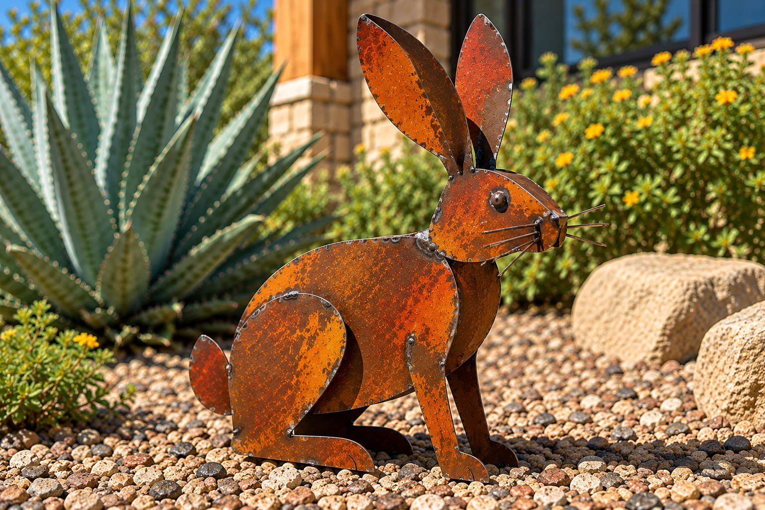 16" Rustic Metal Rabbit Garden Sculpture – Handmade Welded Bunny Yard Art