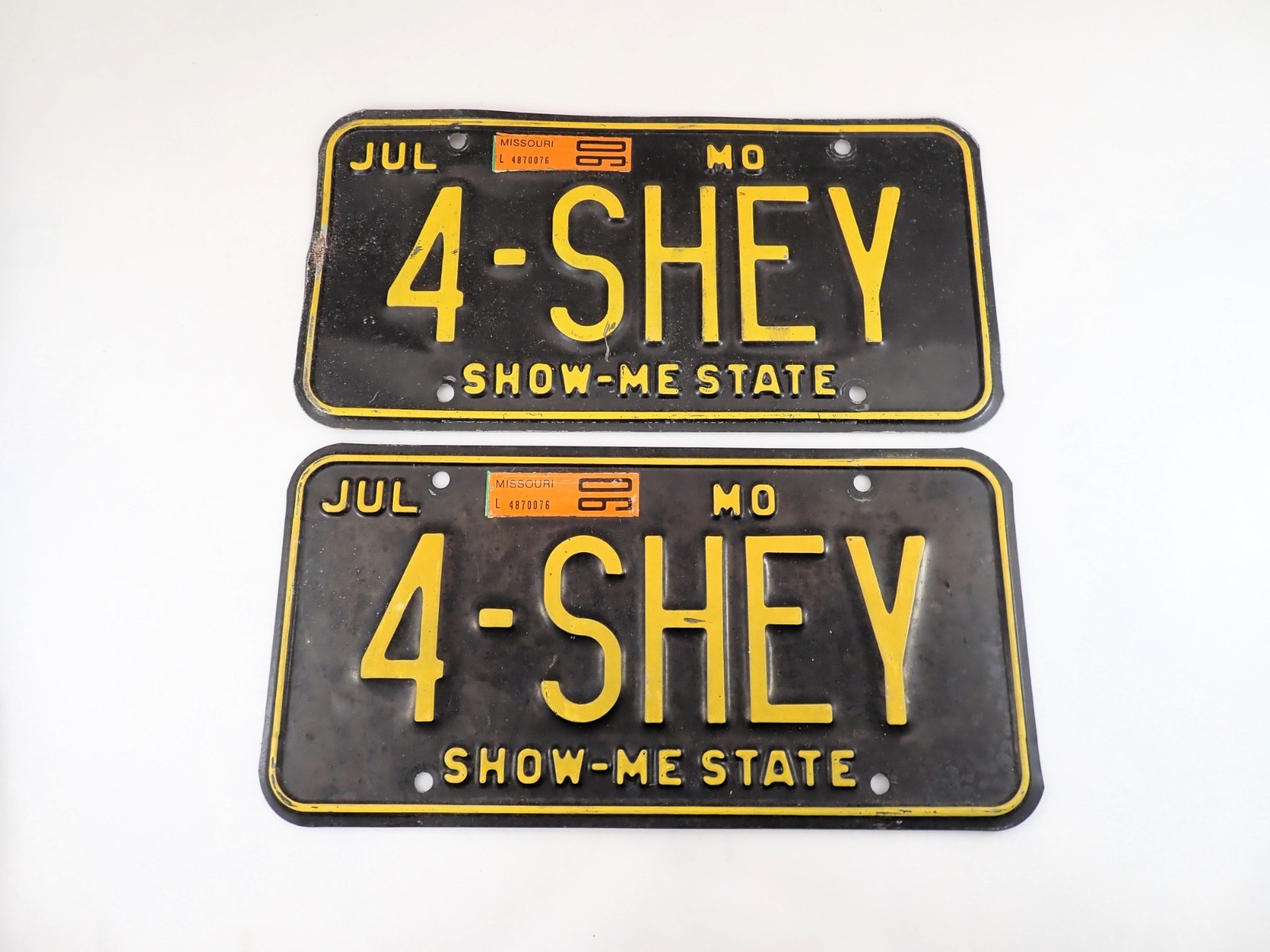1990 Missouri Vanity License Plate Pair 4-SHEY Black Yellow Chevy Hot Rod Sign 1990 Missouri Vanity License Plate Pair 4-SHEY Black Yellow Chevy Hot Rod Sign