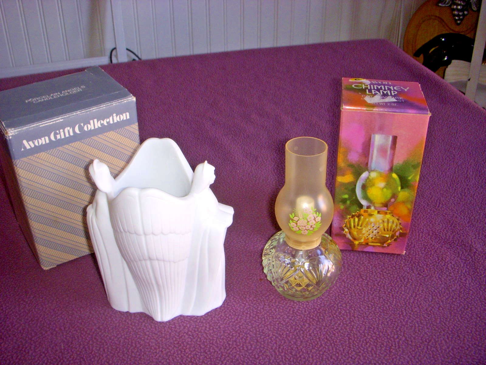 Vintage Avon Porcelain Angels Candleholder & Chimney Lamp Vintage Avon Porcelain Angels Candleholder & Chimney Lamp