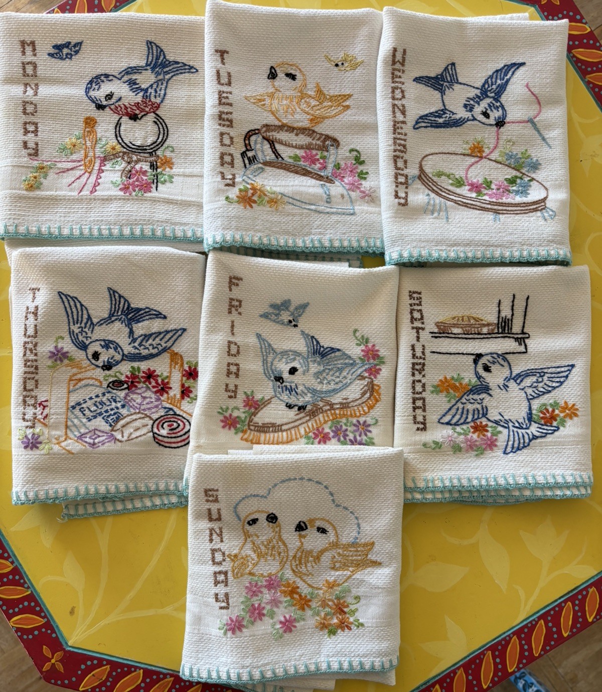 Vintage Set of 7 Days of Week Hand Embroidered Dish Tea Towel Birds Bluebirds Vintage Set of 7 Days of Week Hand Embroidered Dish Tea Towel Birds Bluebirds