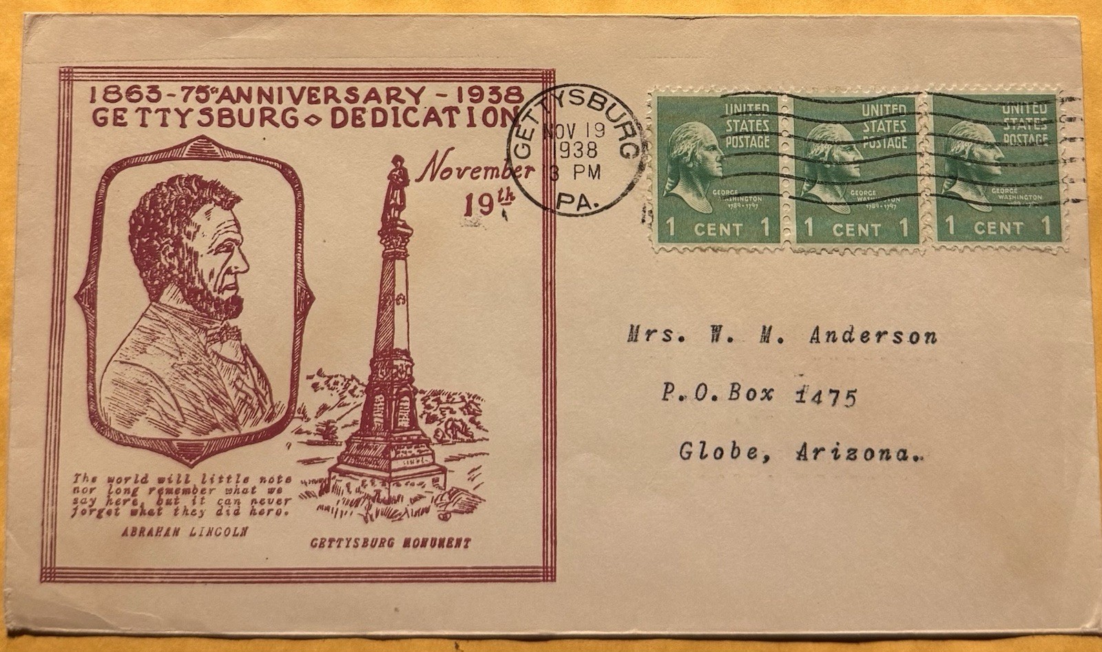 1938 Gettysburg Pa, Civil War 75” Anniversary Dedication, History Postal