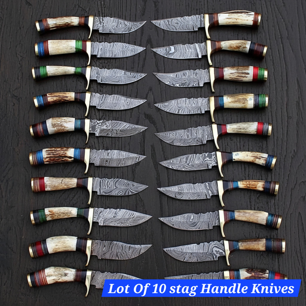 Set Of 10 Custom Handmade Damascus Steel Skinner Knives STAG HORN Handle W Cover Set Of 10 Custom Handmade Damascus Steel Skinner Knives STAG HORN Handle W Cover