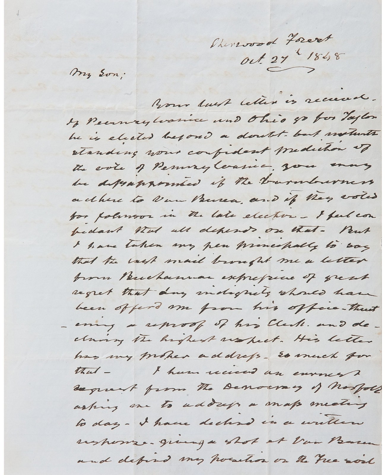 President John Tyler 1848 Autograph Letter Signed - To His Son -Election Content President John Tyler 1848 Autograph Letter Signed - To His Son -Election Content