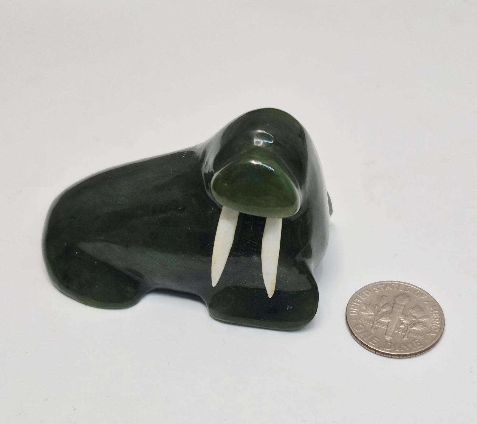 Canadian Spinach Jade Carved Walrus Sculpture 2.0" L Vancouver BC Canadian Spinach Jade Carved Walrus Sculpture 2.0" L Vancouver BC