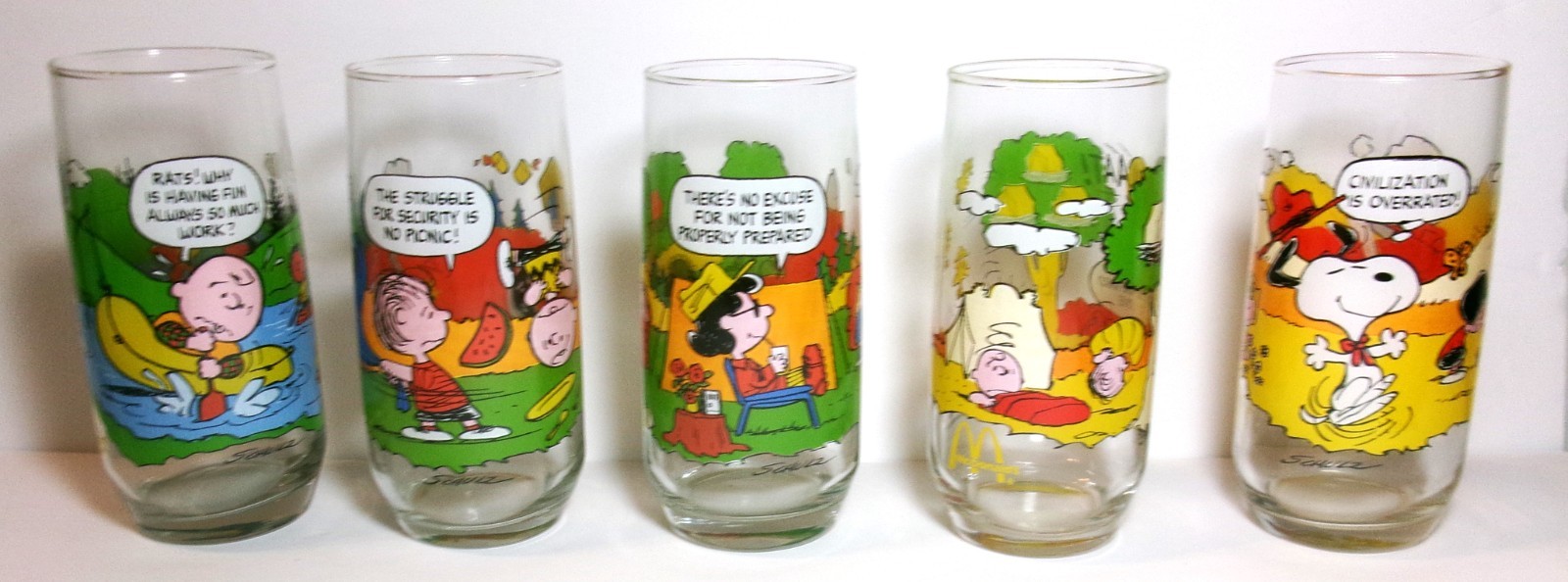 Vintage 1983 McDonald's Peanuts Camp Snoopy Collectors Glasses Complete Set of 5