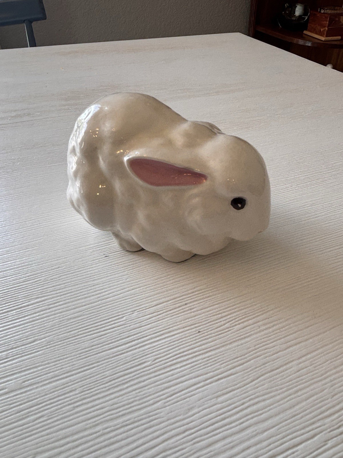 Vintage White Ceramic Bunny Rabbit Figurine Pink Ears Green Felt Base 5" Easter Vintage White Ceramic Bunny Rabbit Figurine Pink Ears Green Felt Base 5" Easter
