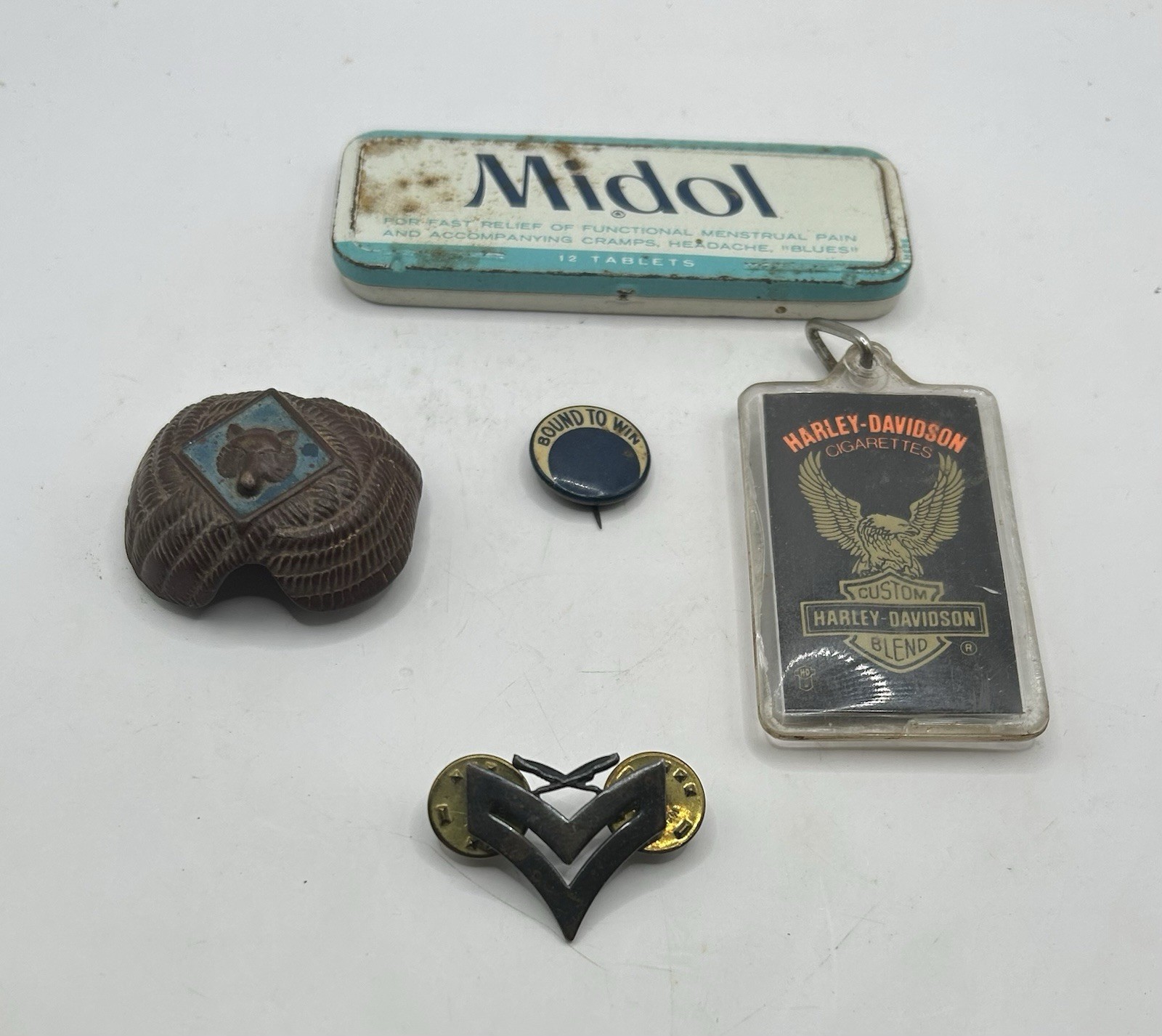 Vintage Junk Drawer Lot Midol Tin Harley Cigarette Keychain Cub Scout Pin USMC Vintage Junk Drawer Lot Midol Tin Harley Cigarette Keychain Cub Scout Pin USMC
