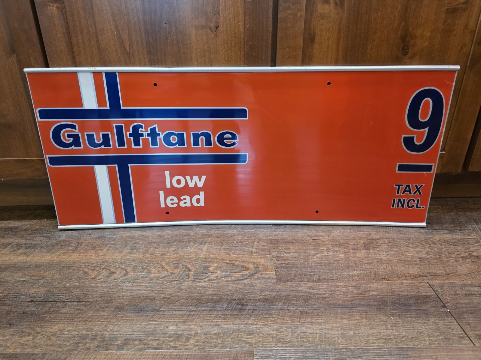 Vintage 1960s Gulf Gulftane Low Lead Gas Pump Plate Metal Double Sided Sign NOS Vintage 1960s Gulf Gulftane Low Lead Gas Pump Plate Metal Double Sided Sign NOS