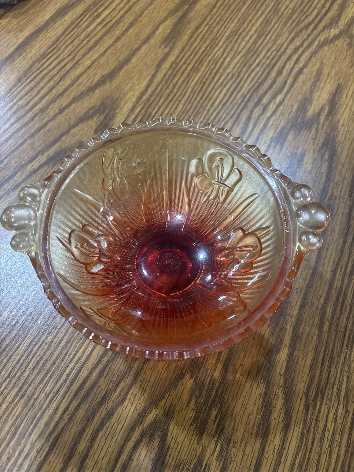 Jeannette Glass Iris & Herringbone Red And Yellow Cadmion Glow Vtg Footed Bowl