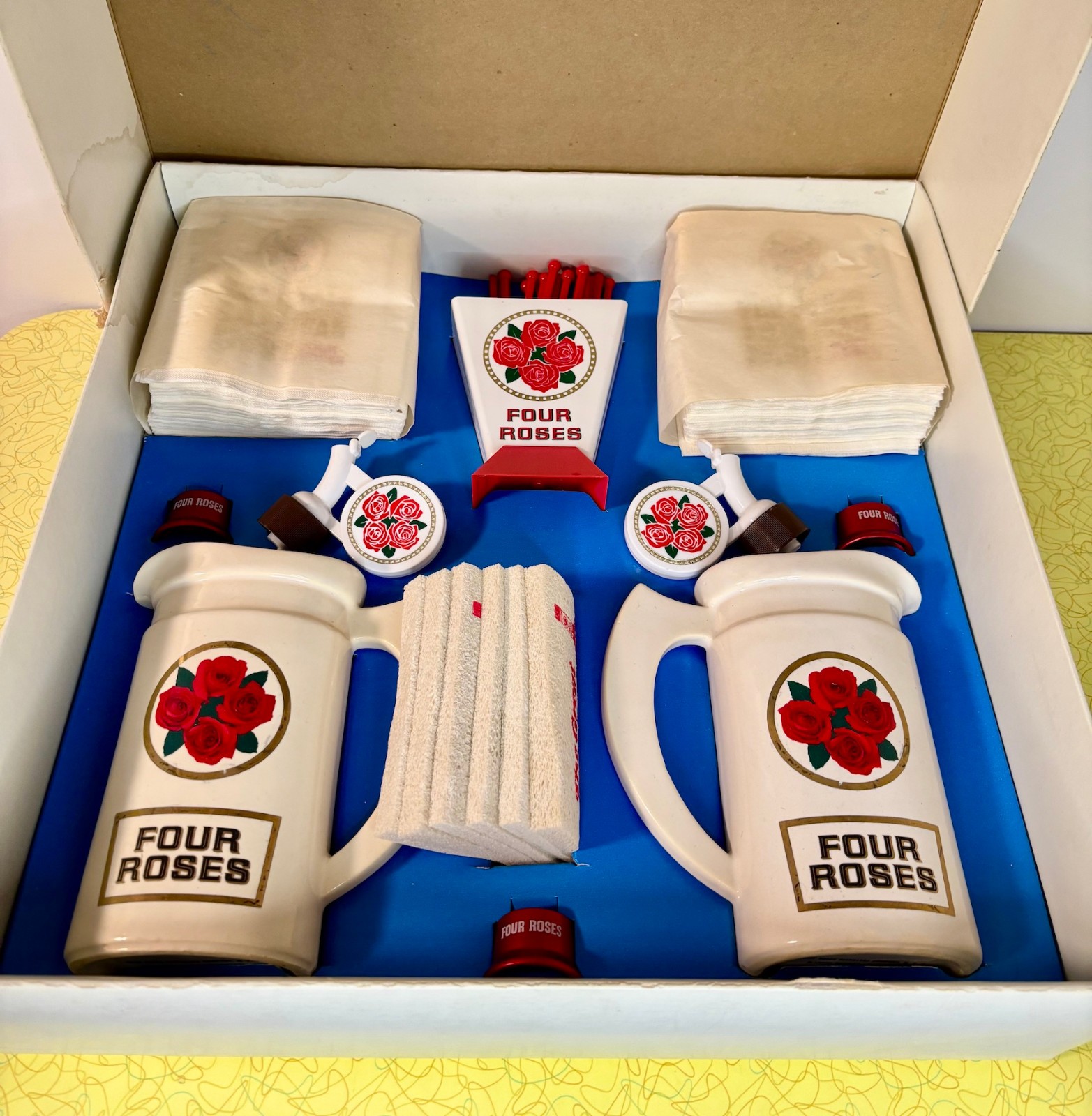 Vintage Four Roses Whiskey Bar Kit Boxed Set Mugs Tray Napkins Swizzle Sticks Vintage Four Roses Whiskey Bar Kit Boxed Set Mugs Tray Napkins Swizzle Sticks