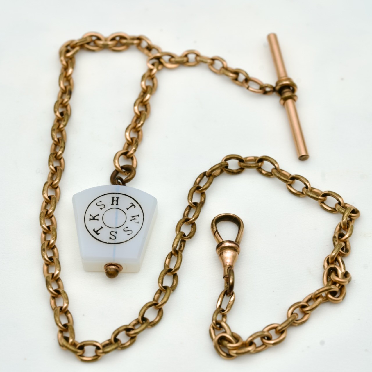 Antique Albert Style Gold Watch Chain with Masonic Keystone "HTWSSTKS" Agate Fob