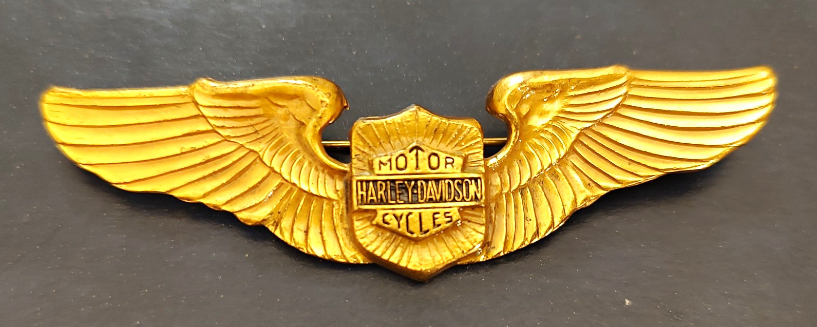 Vintage Unmarked Harley-Davidson 3" Gold Wings Pin - 1930s Jacket Badge Rare