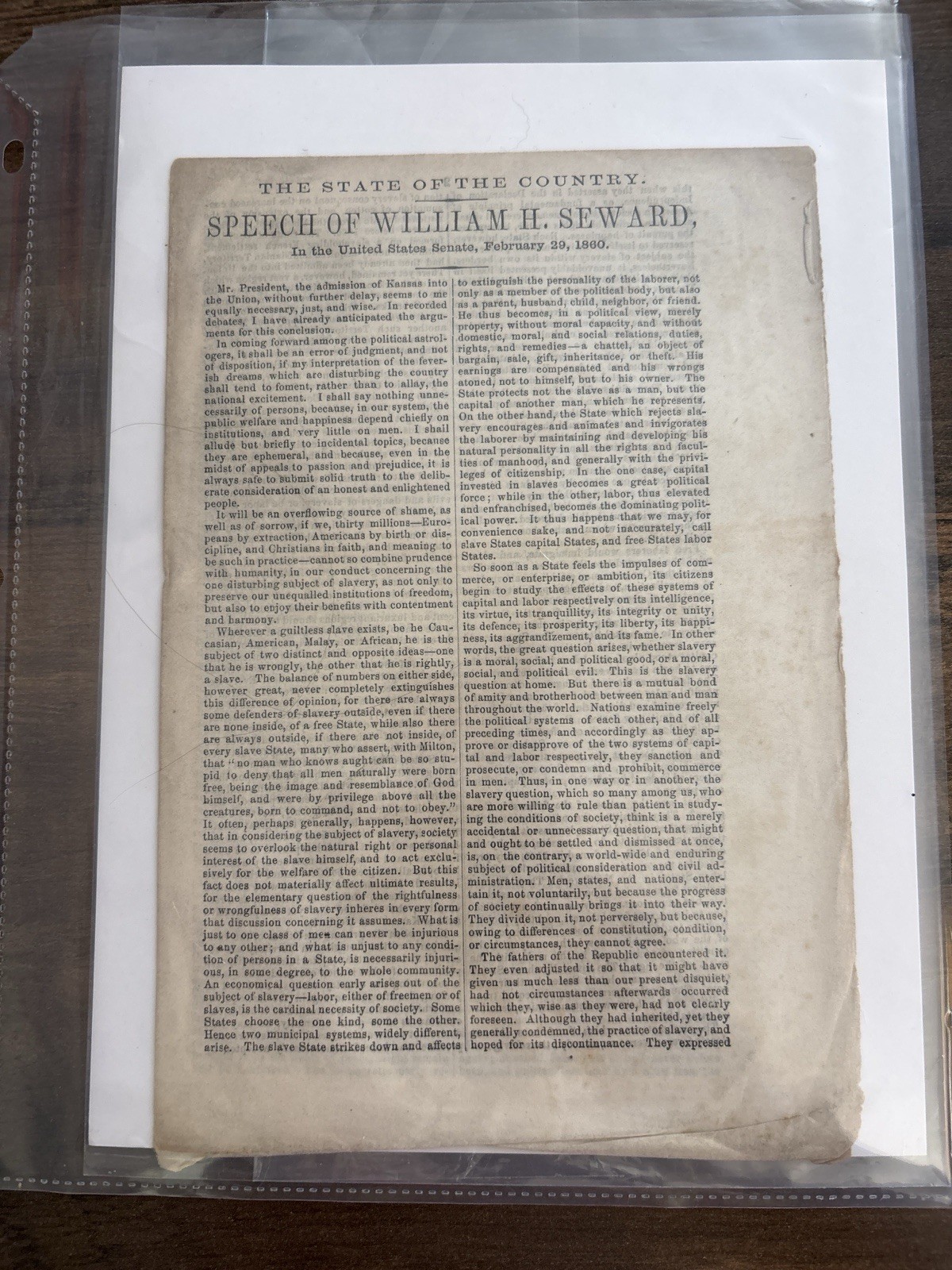 1860 William H Seward State of the Country Slavery Senate Speech Civil War 8pp